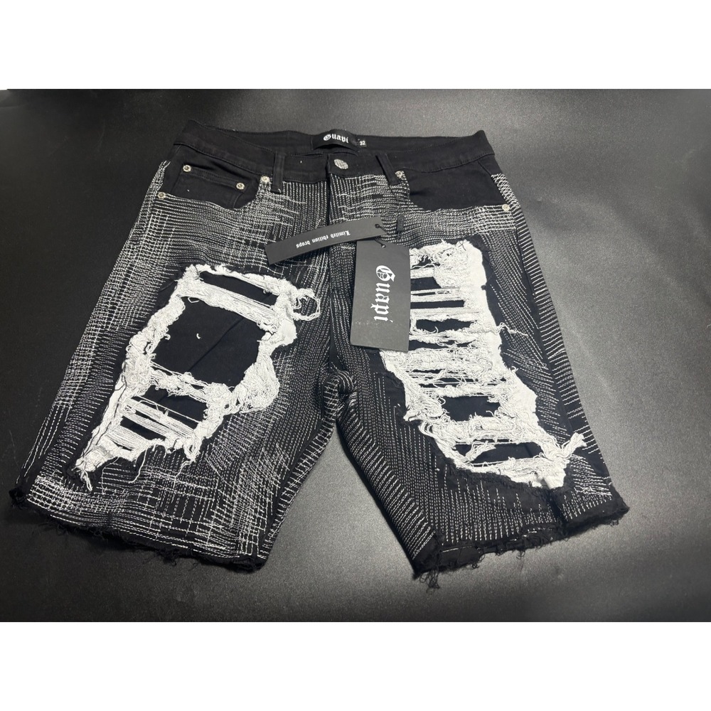 Guapi Men's Distressed Denim Shorts Blk/White Stitching Ripped Jean Shorts Sz 32